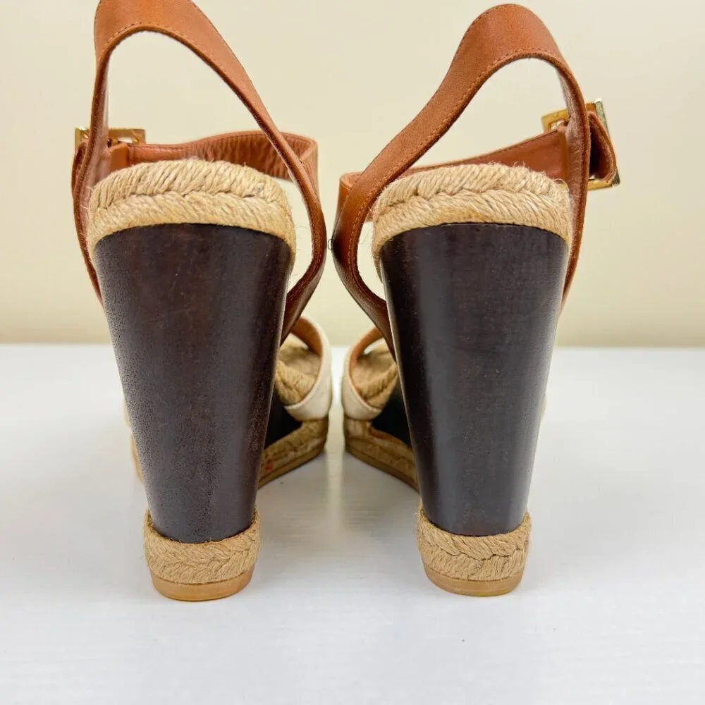 Tory Burch Espadrille Wedge Sandals White Canvas Toe Brown Leather Ankle Strap